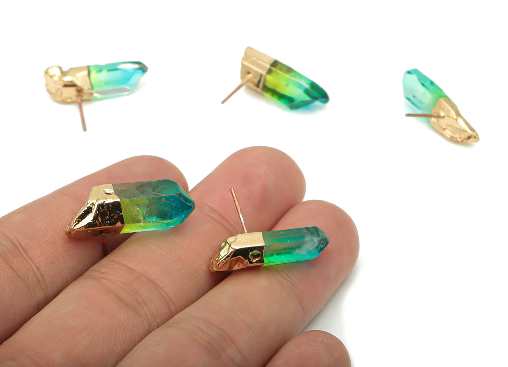 Green Aura Quartz Crystal Earring Stud - Natural Stone Earring Post -  Gold Tone Plated Stone – Stainless Steel Stud - 24x8x8mm – NS1742A - DOMEDBAZAAR