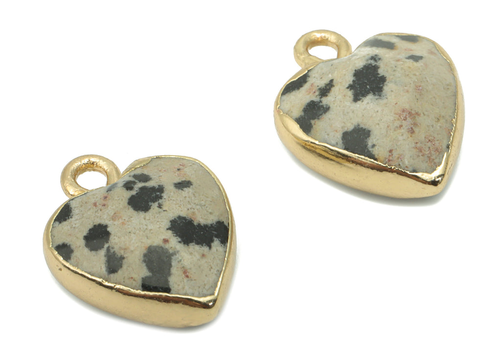 Dalmatian Stone Heart Earring Charms - Brass Wire Heart Pendant - Faceted Natural Stone - Gold Tone Plated Brass – 15.9x12.77x6.6mm– NS1754B - DOMEDBAZAAR