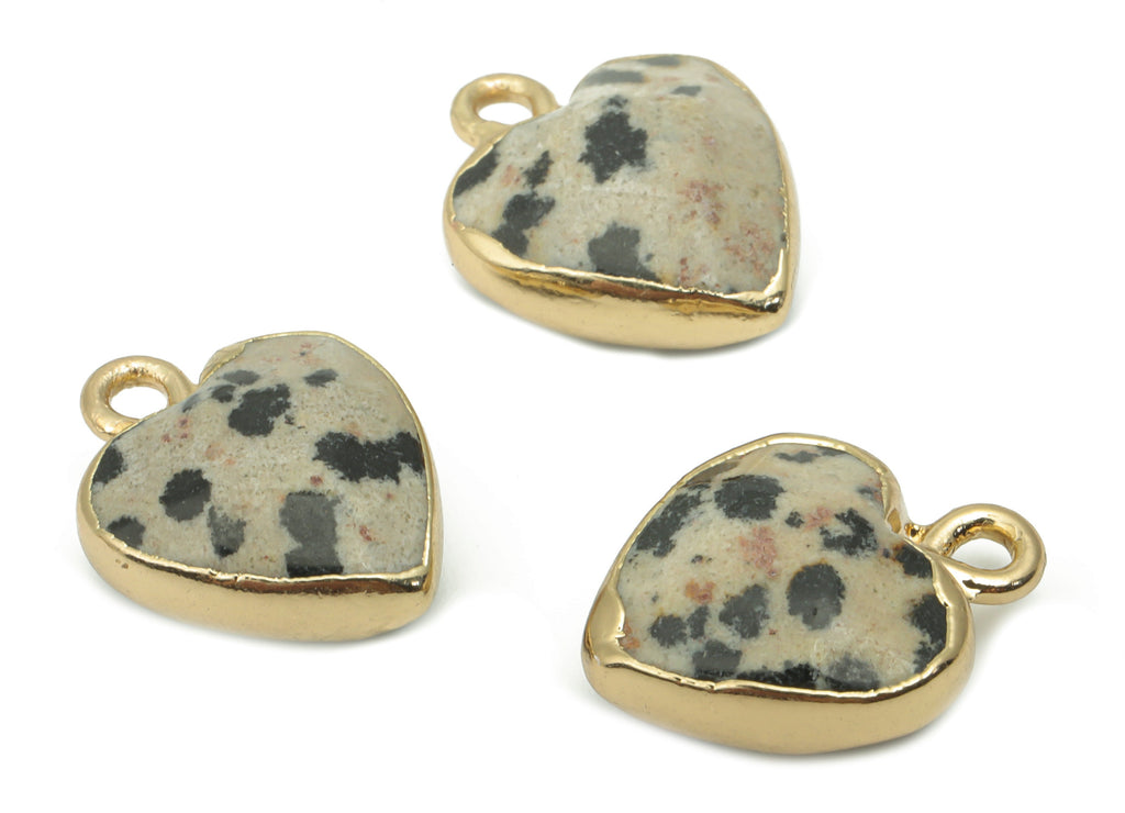 Dalmatian Stone Heart Earring Charms - Brass Wire Heart Pendant - Faceted Natural Stone - Gold Tone Plated Brass – 15.9x12.77x6.6mm– NS1754B - DOMEDBAZAAR