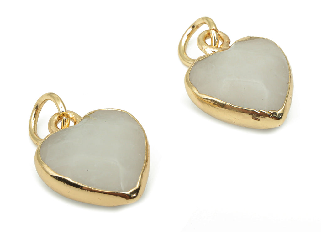 White Jade Heart Earring Charms - Brass Wire Heart Pendant - Faceted Natural Stone - Gold Tone Plated Brass – 15.9x12.77x6.57mm – NS1754C - DOMEDBAZAAR
