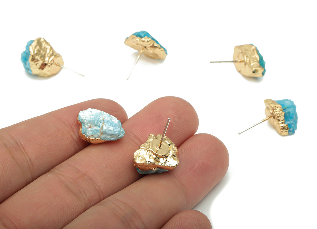 Blue Apatite Raw Stone Earring Stud - Natural Stone Earring Post -  Gold Tone Plated Stone – Stainless Steel Stud - 17.2x13x10mm – NS1741B - DOMEDBAZAAR