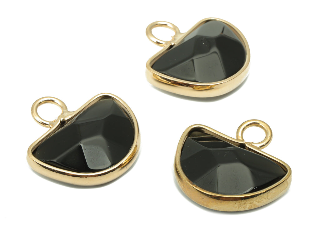 Obsidian Domed Earring Charms - Brass Half Moon Domed Pendant - Faceted Natural Stone - Gold Tone Plated Brass – 14.21x13.34x5.1mm – NS1753C - DOMEDBAZAAR