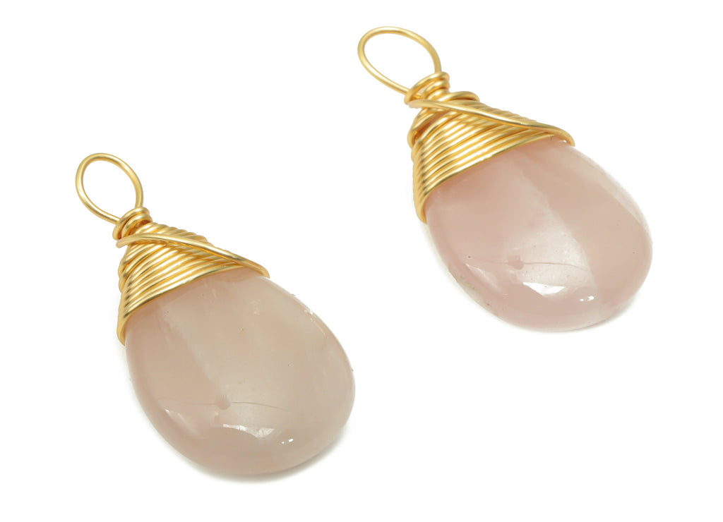 Rose Quartz Crystal Drop Charms - Brass Wire Wrapped Teardrop Pendant - Natural Stone - Gold Tone Plated Brass – 24.89x12.7x5.7mm – NS1751B - DOMEDBAZAAR