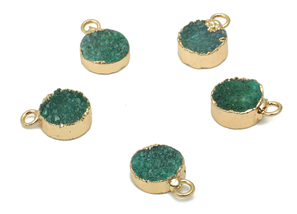 Green Druzy Quartz Crystal Earring Charms - Iron Loop Round Pendant - Natural Stone - Gold Tone Plated Iron – 14.51x10.51x4.41mm – NS1747A - DOMEDBAZAAR