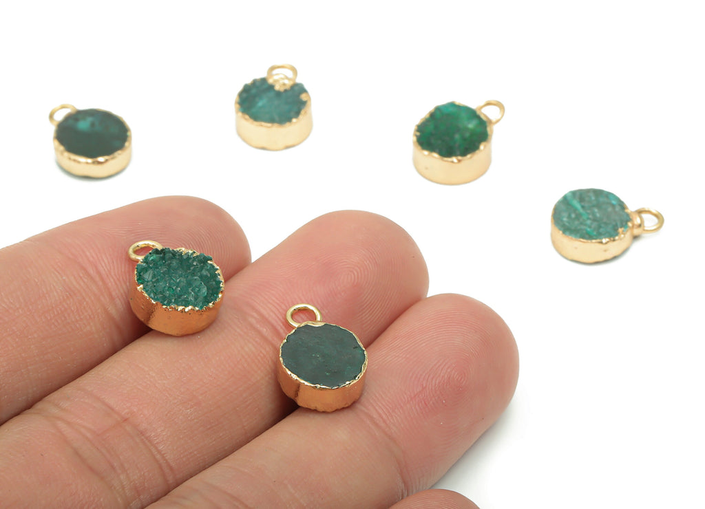 Green Druzy Quartz Crystal Earring Charms - Iron Loop Round Pendant - Natural Stone - Gold Tone Plated Iron – 14.51x10.51x4.41mm – NS1747A - DOMEDBAZAAR