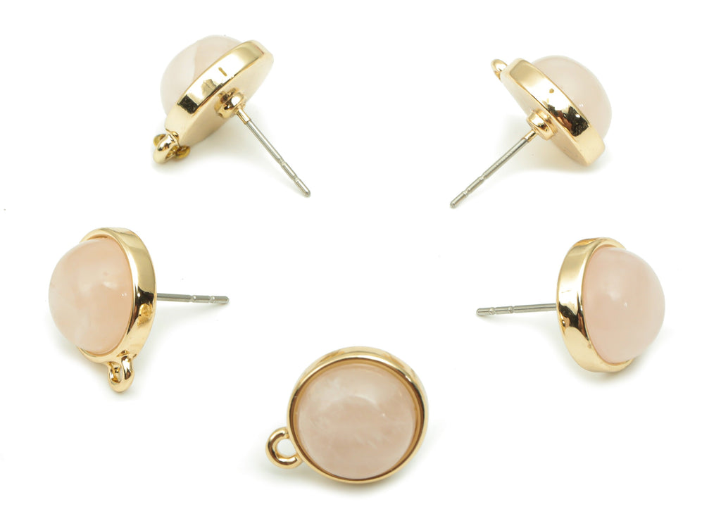 Rose Quartz Crystal Stud - Brass Circle Earring Post - Natural Stone - Gold Tone Plated Brass – Stainless Steel Stud - 14.7x12x8mm – NS1749 - DOMEDBAZAAR