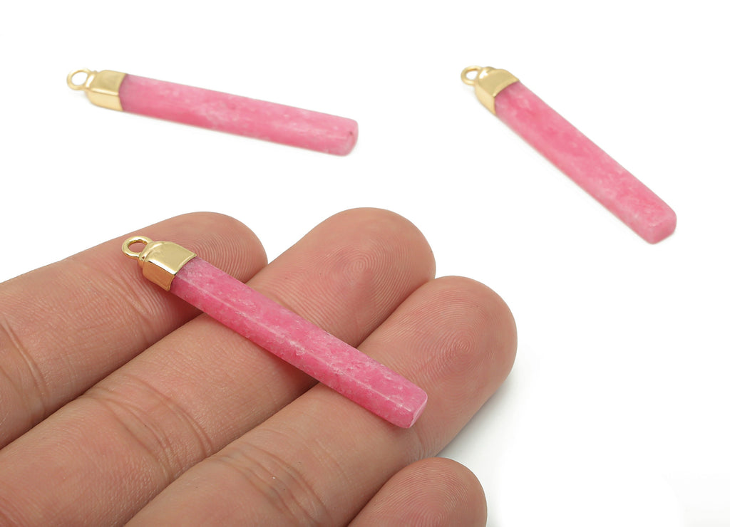 Pink Jade Long Bar Earring Charms - Iron Strip Pendant - Natural Stone - Gold Tone Plated Iron – Jewelry Supplies - 43.9x5.2x3.5mm – NS1760B - DOMEDBAZAAR