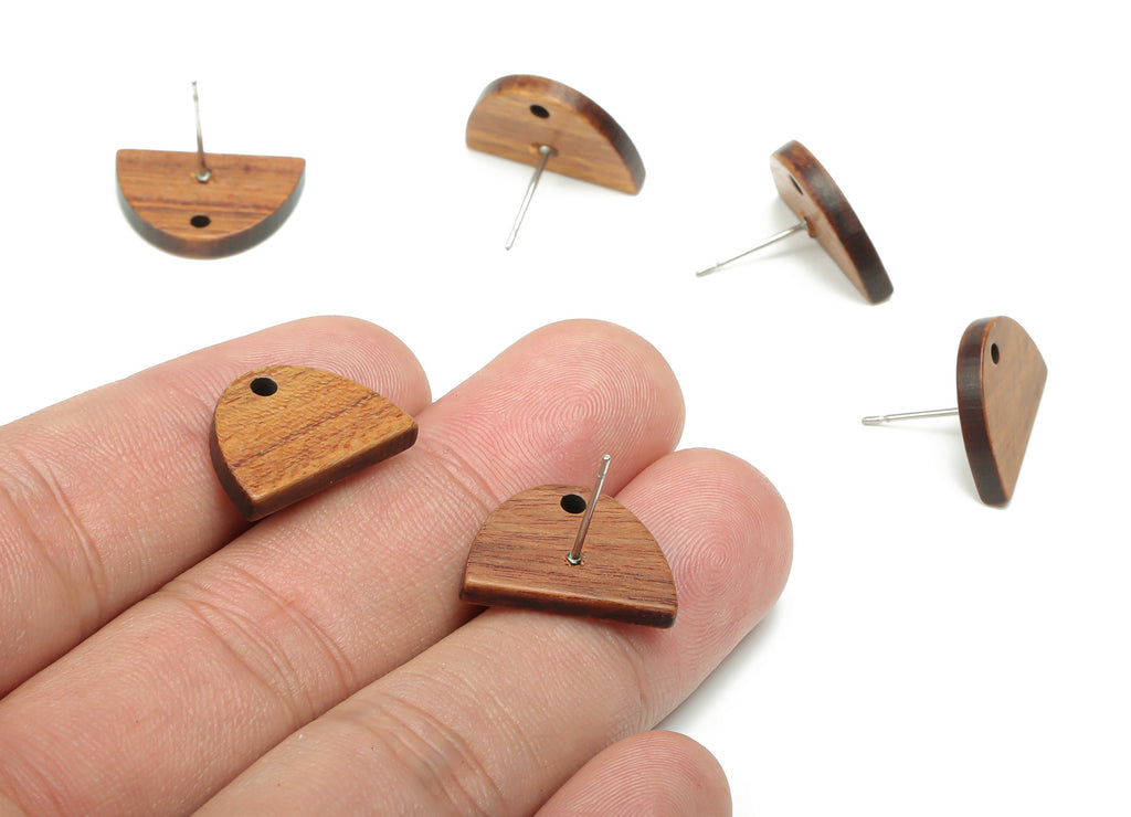 Walnut Wood Domed Earring Stud - Walnut Wood D Semicircle Post - 316 Surgical Stainless Steel - Jewelry Supplies - 18.03x12.5x2.7mm - BB1235 - DOMEDBAZAAR