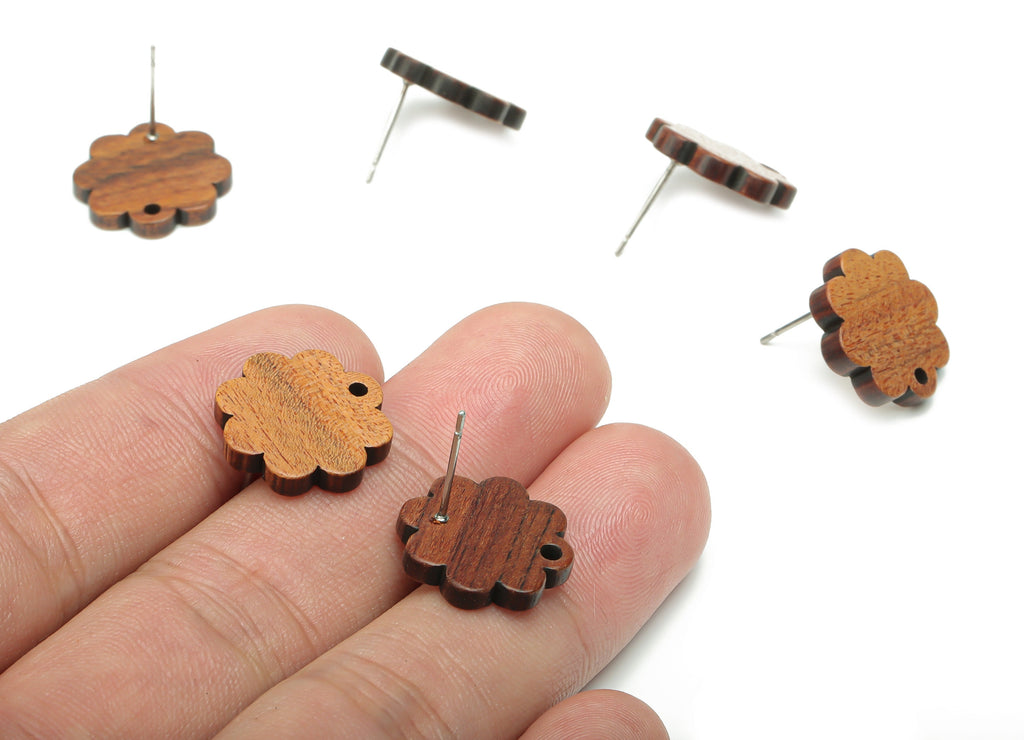 Walnut Wood Flower Earring Stud - Walnut Wood Flower Post - 316 Surgical Stainless Steel - Jewelry Supplies - 16.61x16.61x2.52mm - BB1241 - DOMEDBAZAAR