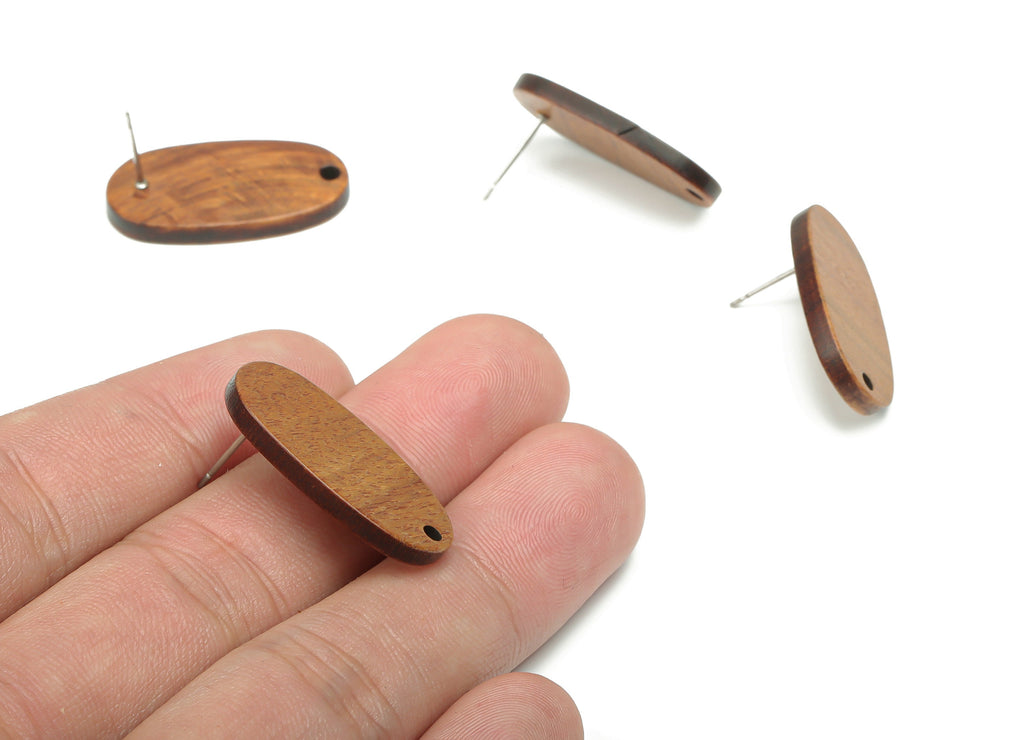 Walnut Wood Long Oval Earring Stud - Walnut Wood Oval Post - 316 Surgical Stainless Steel - Jewelry Supplies - 27.03x14.89x2.6mm - BB1233 - DOMEDBAZAAR