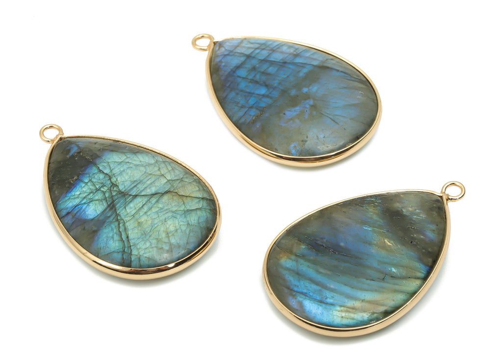 Labradorite Drop Earring Charms - Brass Teardrop Pendant - Natural Stone - Gold Tone Plated Brass – 40.73x26.23x7.56mm – NS1773A - DOMEDBAZAAR