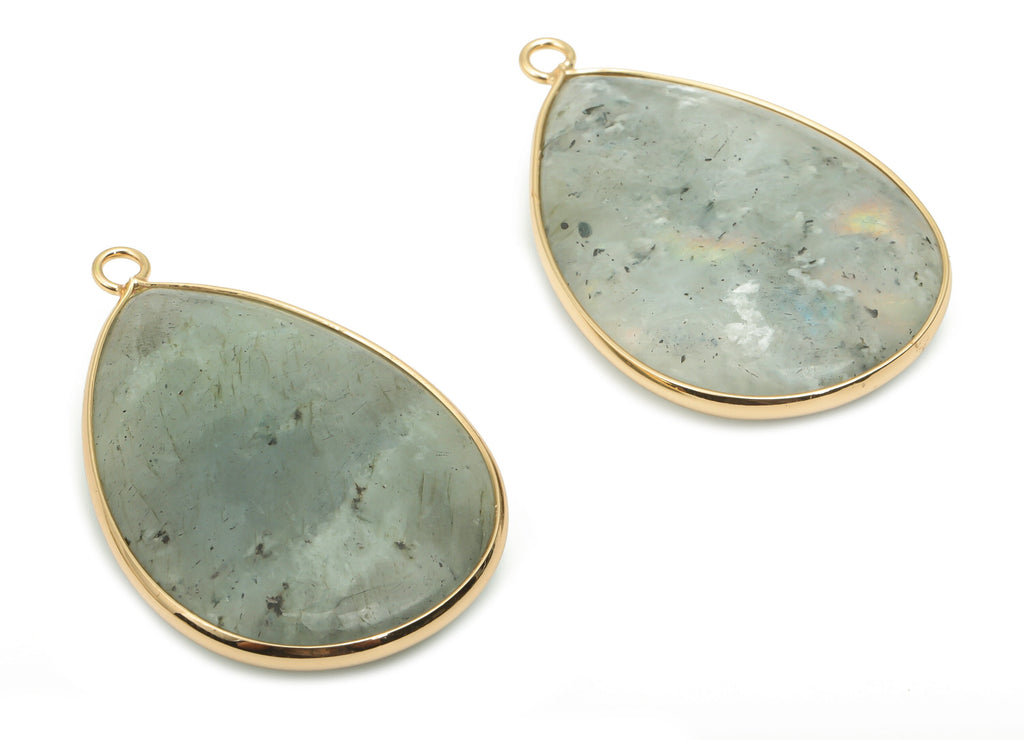 Labradorite Drop Earring Charms - Brass Teardrop Pendant - Natural Stone - Gold Tone Plated Brass – 40.73x26.23x7.56mm – NS1773B - DOMEDBAZAAR