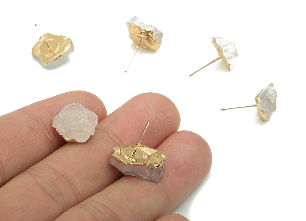 Clear Quartz White Crystal Stud - Brass Stone Earring Post - Gold Tone Plated Natural Stone – Stainless Steel Stud - 15.3x10.1x6.1mm– NS1764 - DOMEDBAZAAR