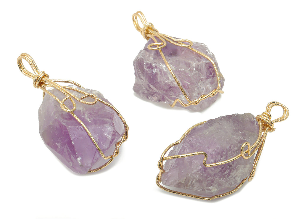 Amethyst Stone Earring Charms - Iron Wire Wrapped Stone Pendant - Natural Stone - Gold Tone Plated Iron – 48.55x22.89x21.54mm – NS1772A - DOMEDBAZAAR