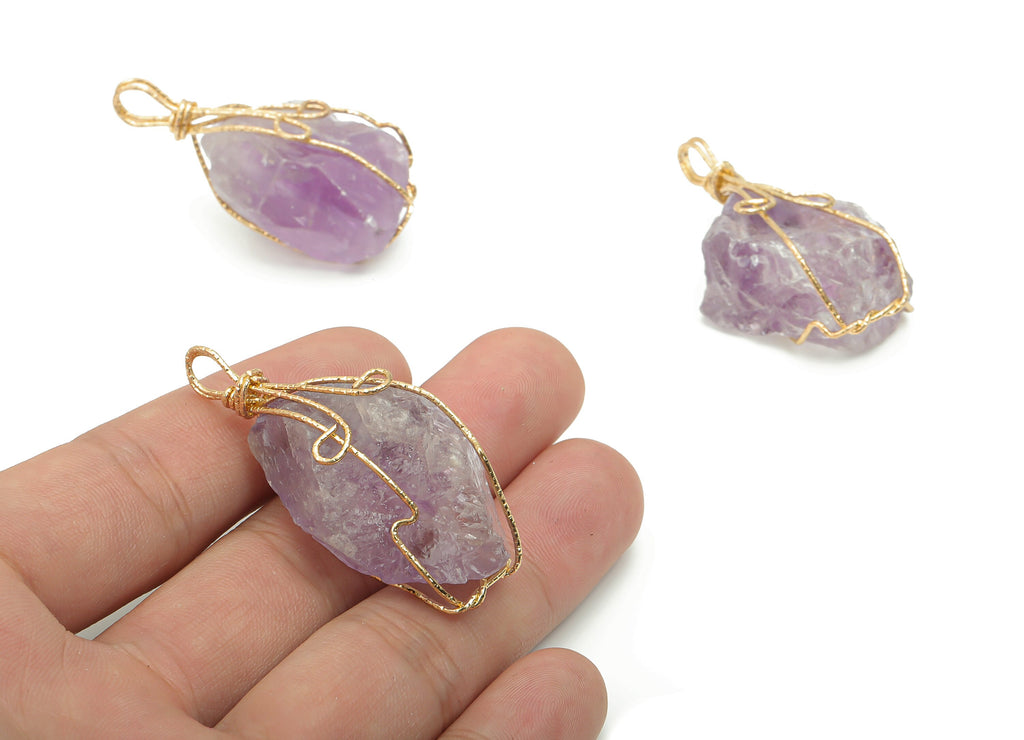Amethyst Stone Earring Charms - Iron Wire Wrapped Stone Pendant - Natural Stone - Gold Tone Plated Iron – 48.55x22.89x21.54mm – NS1772A - DOMEDBAZAAR