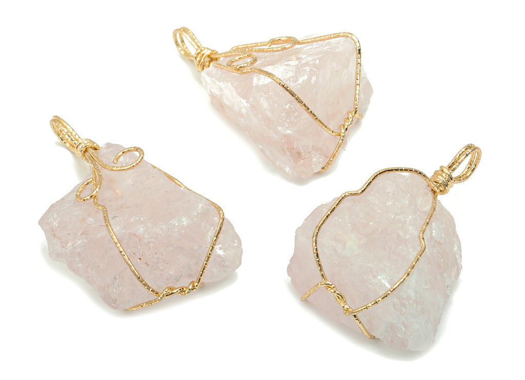 Rose Quartz Crystal Earring Charms - Iron Wire Wrapped Stone Pendant - Natural Stone - Gold Tone Plated Iron – 47.88x25.9x17.53mm – NS1772B - DOMEDBAZAAR