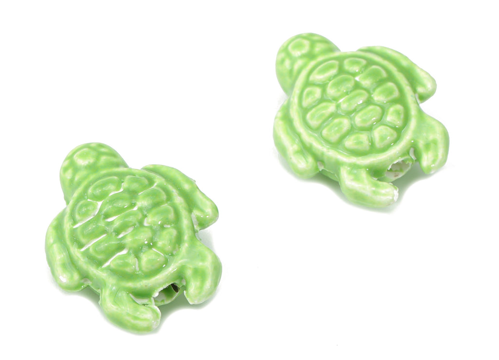 Glazed Ceramic Turtle Beads - Green Carved Turtle Beads - Handmade Connectors Beads - Bracelet Making Beads - 18.86x14.95x8.13mm - NS1836F - DOMEDBAZAAR