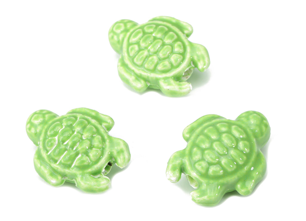 Glazed Ceramic Turtle Beads - Green Carved Turtle Beads - Handmade Connectors Beads - Bracelet Making Beads - 18.86x14.95x8.13mm - NS1836F - DOMEDBAZAAR