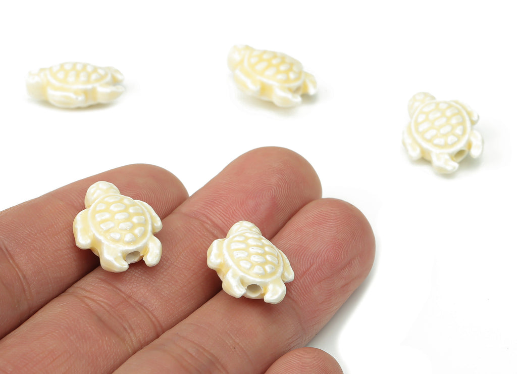 Glazed Ceramic Turtle Beads - White Carved Turtle Beads - Handmade Beads - Bracelet Beads - Connectors Beads - 18.86x14.95x8.13mm - NS1836G - DOMEDBAZAAR