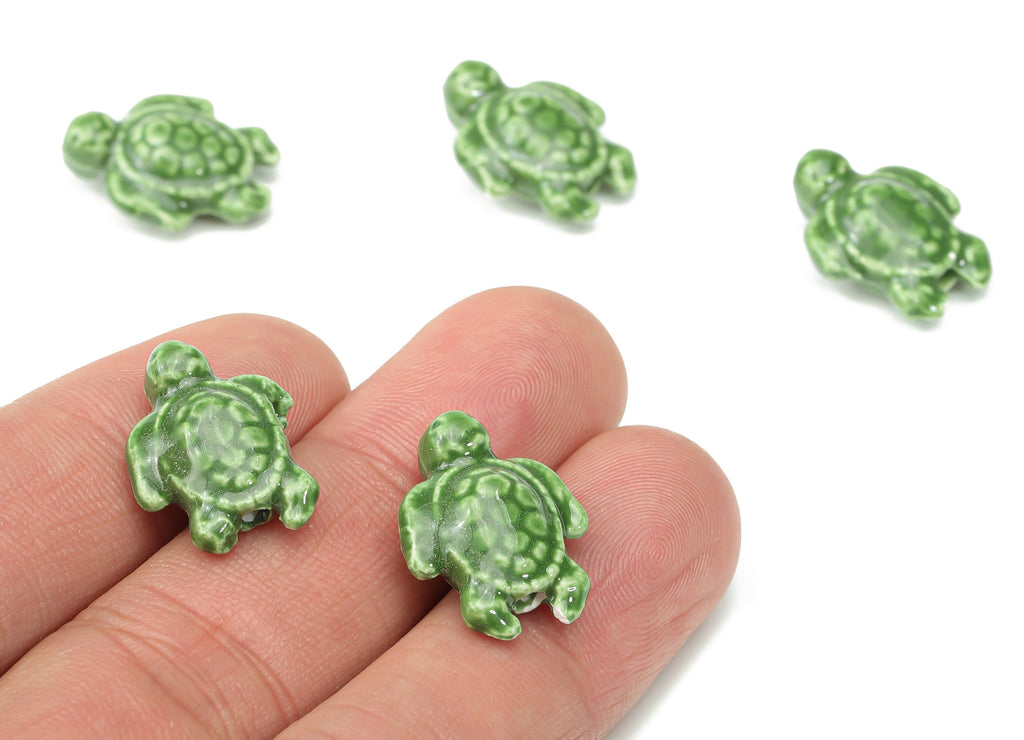 Glazed Ceramic Turtle Beads - Green Carved Turtle Beads - Handmade Beads - Bracelet Beads - Connectors Beads - 18.86x14.95x8.13mm - NS1836B - DOMEDBAZAAR