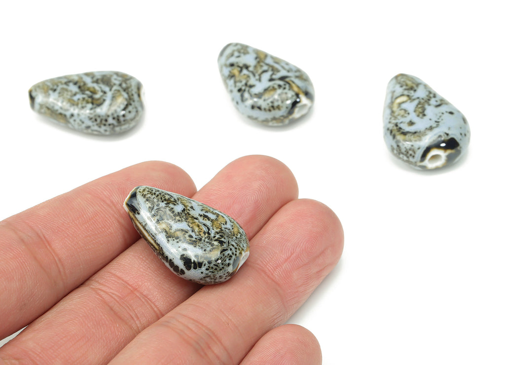 Glazed Ceramic Drop Beads - Carved Teardrop Beads - Handmade Beads - Bracelet Beads - Connectors Beads - 21.04x21.04x20.3mm - NS1818 - DOMEDBAZAAR