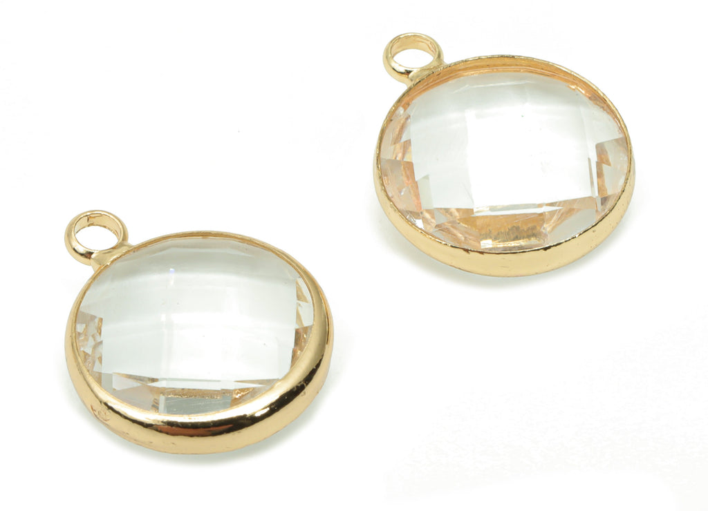 Glass Round Loop Earring Charms - Brass Circle Frame Pendant - Gold Tone Plated Brass - Faceted Glass - 15.5x12.5x4.8mm-GS1091 - DOMEDBAZAAR