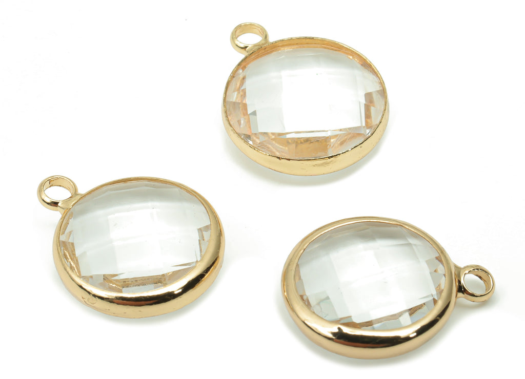 Glass Round Loop Earring Charms - Brass Circle Frame Pendant - Gold Tone Plated Brass - Faceted Glass - 15.5x12.5x4.8mm-GS1091 - DOMEDBAZAAR