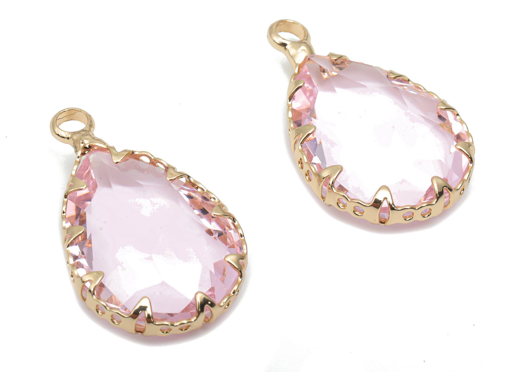 Glass Drop Earring Charms With Loop - Brass Teardrop Frame Pendant - Gold Tone Plated Brass - Faceted Glass - 23.79x13.7x6.17mm - GS1124A - DOMEDBAZAAR