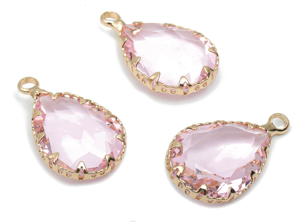 Glass Drop Earring Charms With Loop - Brass Teardrop Frame Pendant - Gold Tone Plated Brass - Faceted Glass - 23.79x13.7x6.17mm - GS1124A - DOMEDBAZAAR