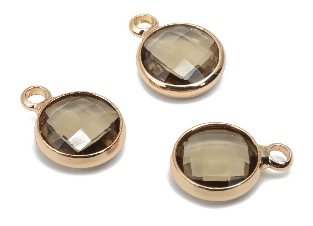 Glass Round Earring Charms With Loop - Brass Circle Frame Pendant - Gold Tone Plated Brass - Faceted Glass - 11.59x8.72x3.75mm - GS1120H - DOMEDBAZAAR