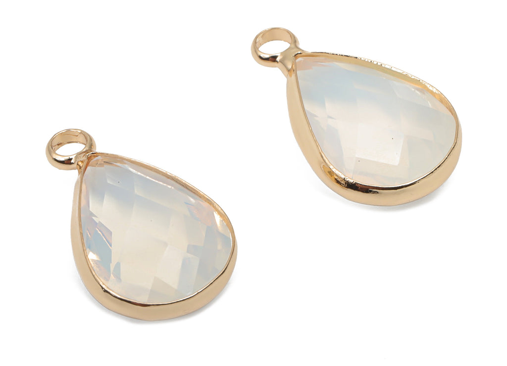 Glass Drop Earring Charms With Loop - Brass Teardrop Frame Pendant - Gold Tone Plated Brass - Faceted Glass - 18.24x10.68x5.29mm - GS1128 - DOMEDBAZAAR