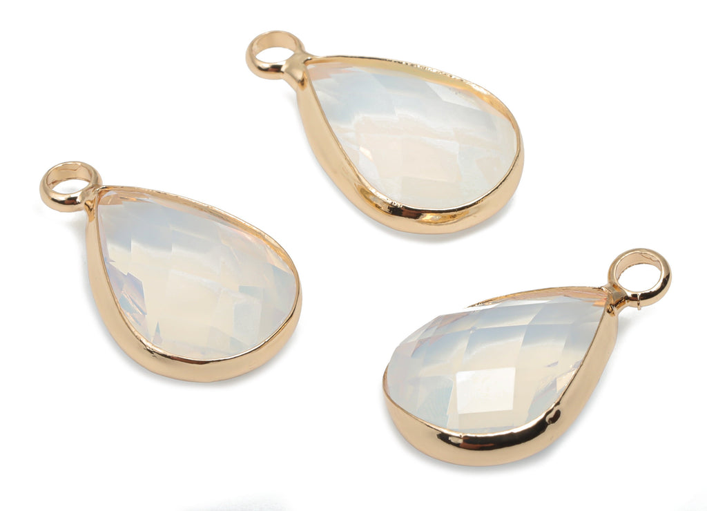 Glass Drop Earring Charms With Loop - Brass Teardrop Frame Pendant - Gold Tone Plated Brass - Faceted Glass - 18.24x10.68x5.29mm - GS1128 - DOMEDBAZAAR