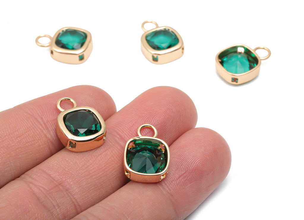 Glass Square Earring Charms With Loop - Brass Square Frame Pendant - Gold Tone Plated Brass - Faceted Glass - 17.42x12.02x5.52mm - GS1123B - DOMEDBAZAAR
