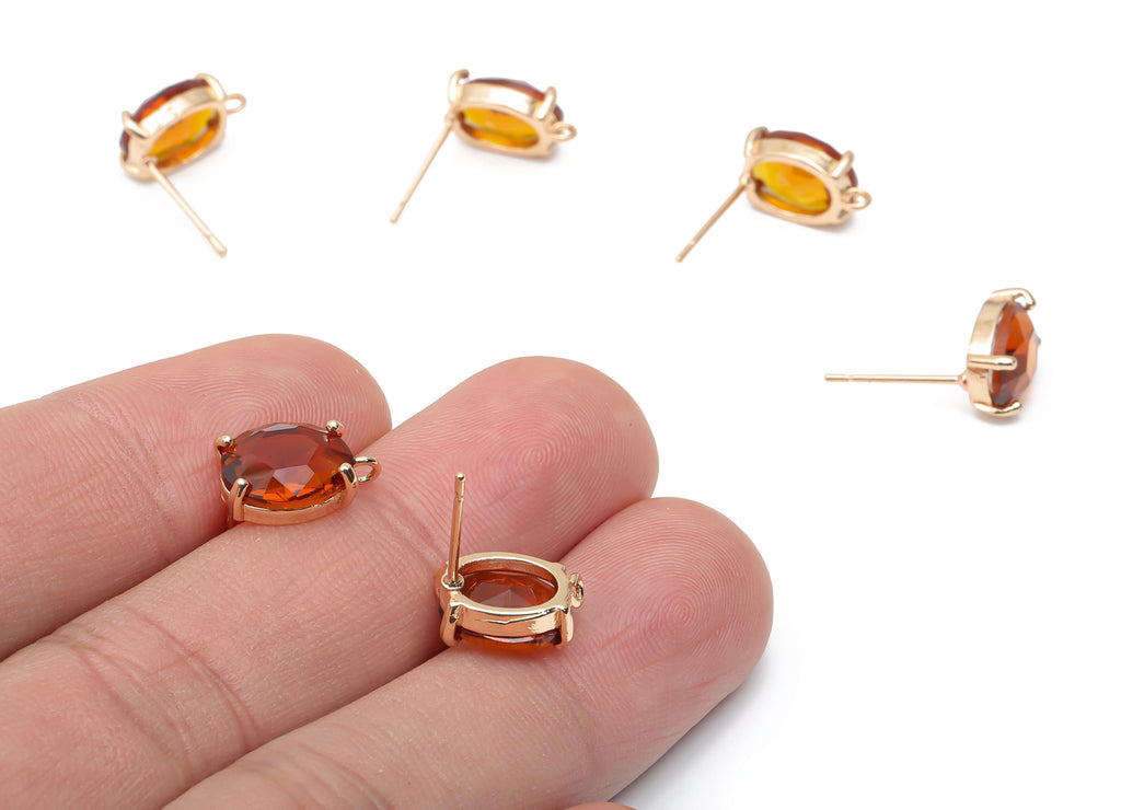 Glass Oval Earring Stud - Brass Oval Earring Post - Gold Tone Plated Brass - Faceted Glass - Jewelry Supplies - 12.36x8.14x4.51mm - GS1126F - DOMEDBAZAAR