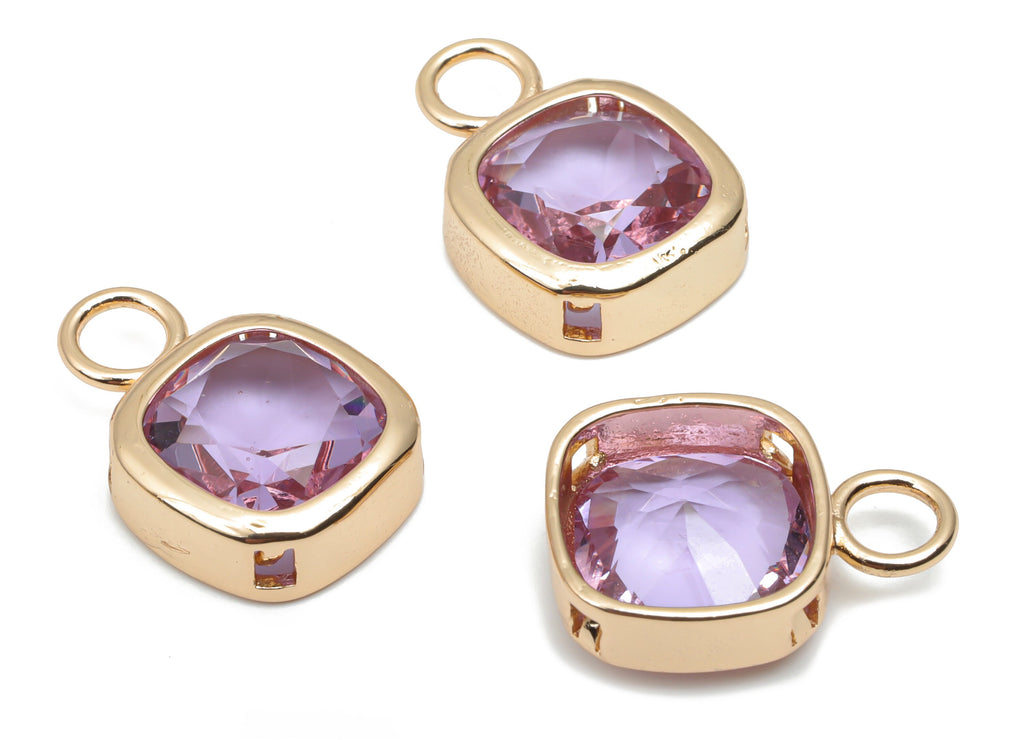 Glass Square Earring Charms With Loop - Brass Square Frame Pendant - Gold Tone Plated Brass - Faceted Glass - 17.42x12.02x5.52mm - GS1123A - DOMEDBAZAAR