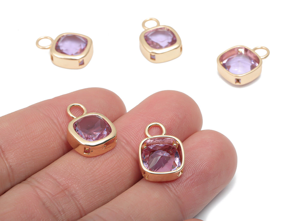 Glass Square Earring Charms With Loop - Brass Square Frame Pendant - Gold Tone Plated Brass - Faceted Glass - 17.42x12.02x5.52mm - GS1123A - DOMEDBAZAAR