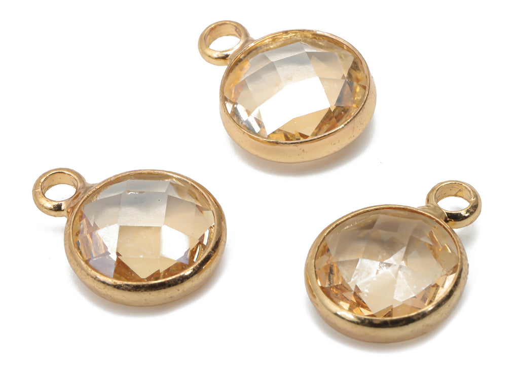 Glass Round Earring Charms With Loop - Brass Circle Frame Pendant - Gold Tone Plated Brass - Faceted Glass - 11.59x8.72x3.75mm - GS1120D - DOMEDBAZAAR