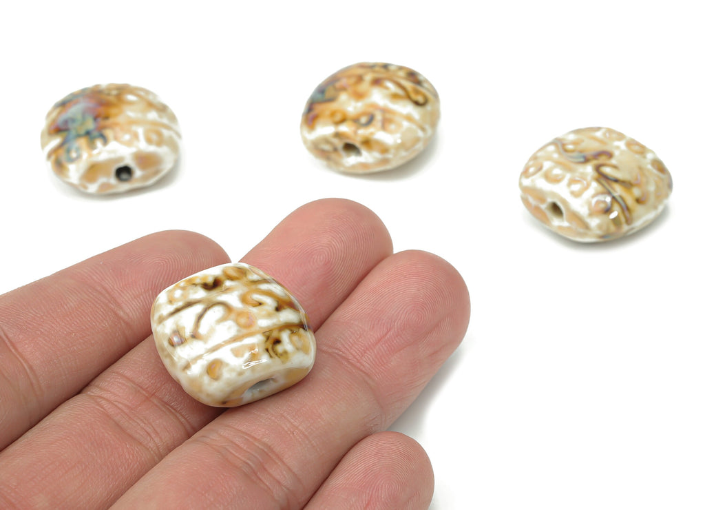 Glazed Ceramic Pattern Square Beads - Carved Square Beads - Handmade Beads - Bracelet Beads - Connectors Beads - 22.48x19.35x11.6mm - NS1792 - DOMEDBAZAAR