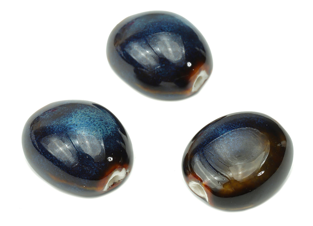 Glazed Ceramic Long Oval Beads - Carved Oval Beads - Handmade Beads - Bracelet Making Beads - Connectors Beads - 21.87x18.72x13.9mm - NS1811 - DOMEDBAZAAR
