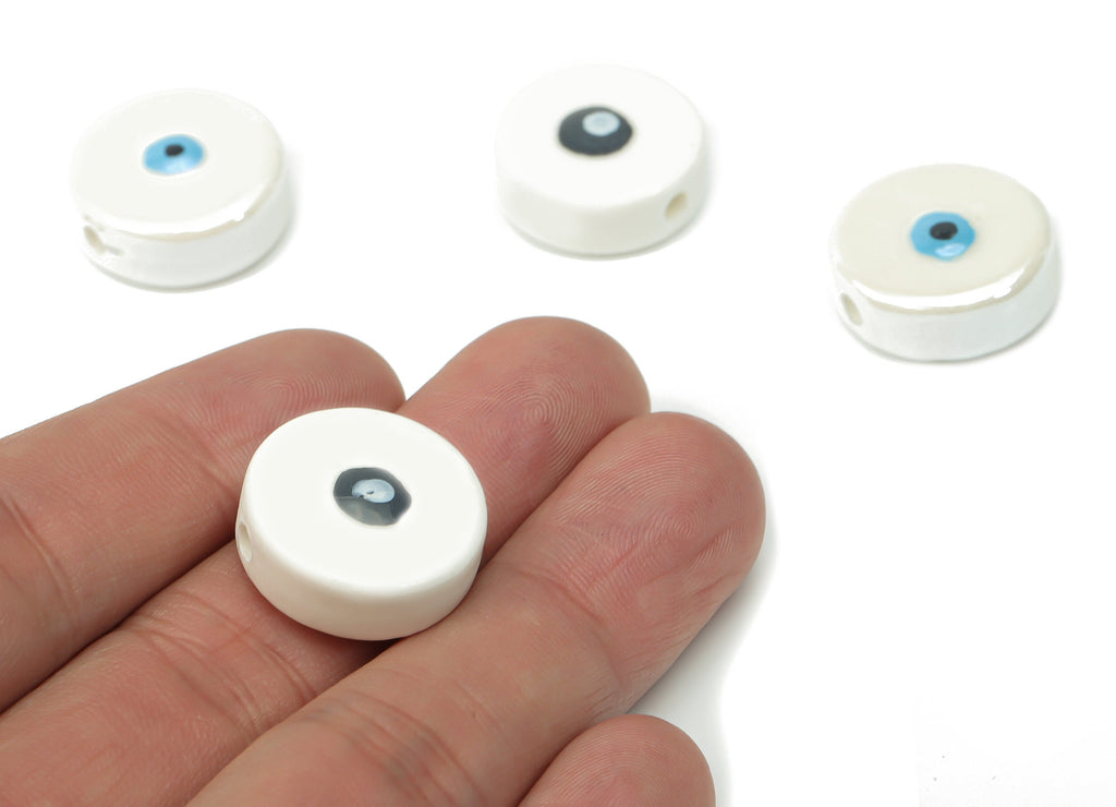 Glazed Ceramic Round Eye Beads - Carved Circle Beads - Handmade Beads - Bracelet Making Beads - Connectors Beads - 19.63x19.63x8mm - NS1803 - DOMEDBAZAAR