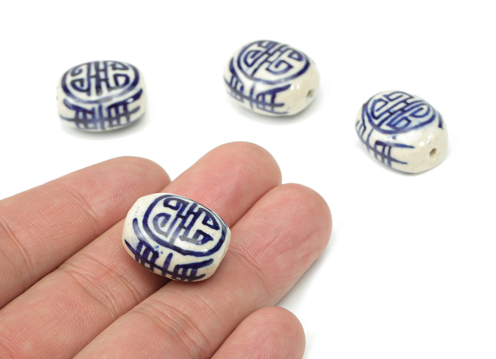 Glazed Ceramic Pattern Oval Beads - Carved Oval Beads - Handmade Beads - Bracelet Beads - Connectors Beads - 20.16x17.84x11.18mm - NS1841 - DOMEDBAZAAR