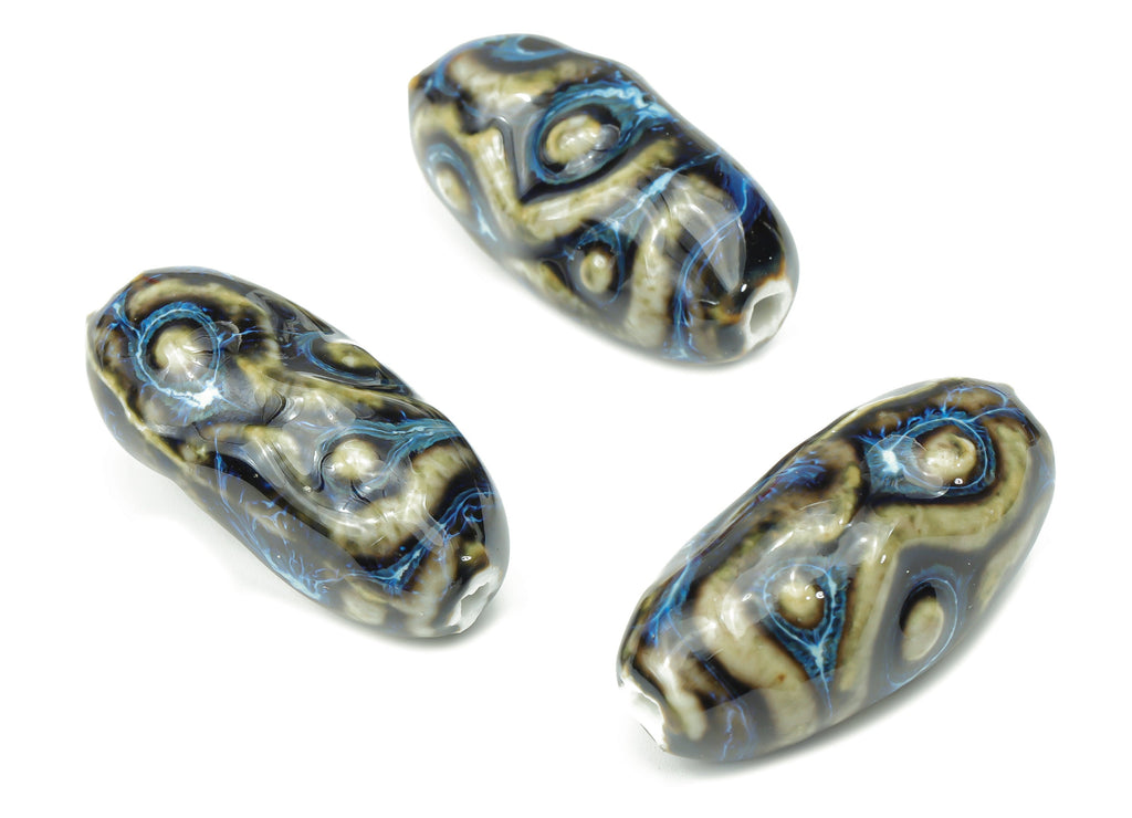 Glazed Ceramic Long Oval Beads - Carved Pattern Oval Beads - Handmade Connectors Beads - Bracelet Making Beads - 35x16.13x16.13mm - NS1810 - DOMEDBAZAAR