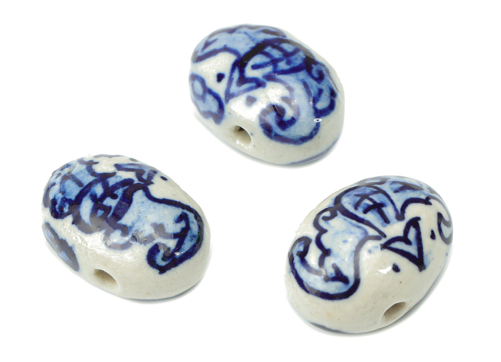 Glazed Ceramic Long Oval Beads - Carved Pattern Oval Beads - Handmade Connectors Beads - Bracelet Making Beads - 23.53x16.35x13mm - NS1830 - DOMEDBAZAAR