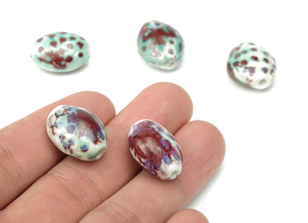 Glazed Ceramic Oval Beads - Carved Oval Beads - Handmade Beads - Bracelet Making Beads - Connectors Beads - 19.42x15.76x10.2mm - NS1788 - DOMEDBAZAAR