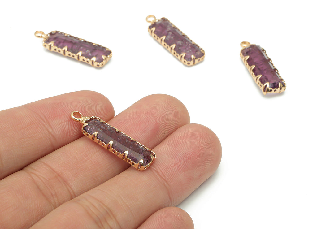 Glass Rectangle Earring Charms with Loop - Brass Rectangle Frame Pendant - Gold Tone Plated Brass - Faceted Glass - 26.3x8.2x4.4mm - GS1113A - DOMEDBAZAAR