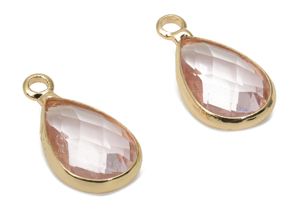 Glass Faceted Drop Loop Earring Charms - Brass Teardrop Frame Pendant - Gold Tone Plated Brass - Faceted Glass - 15.4x8.47x4.24mm - GS1099E - DOMEDBAZAAR