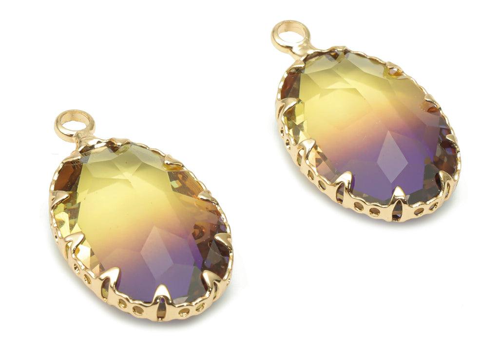 Glass Faceted Oval Charms With Loop - Brass Rainbow Oval Frame Pendant - Gold Tone Plated Brass - Faceted Glass - 22.5x13.59x6.2mm - GS1115C - DOMEDBAZAAR