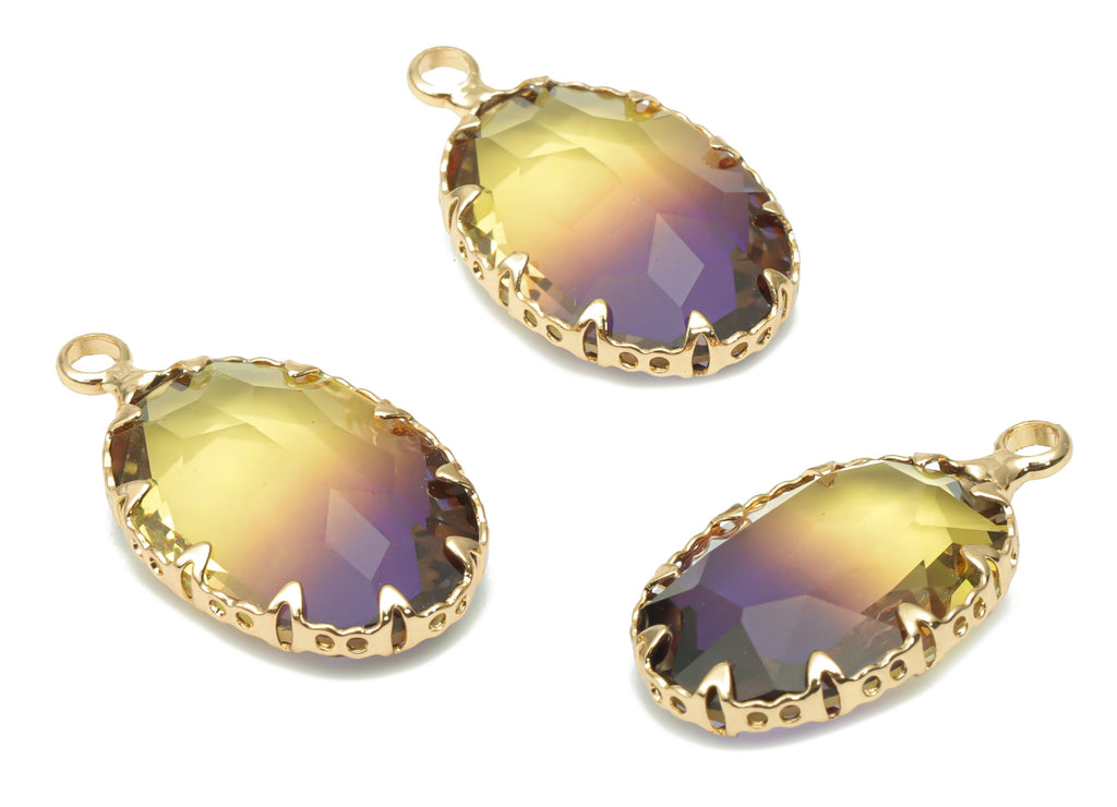 Glass Faceted Oval Charms With Loop - Brass Rainbow Oval Frame Pendant - Gold Tone Plated Brass - Faceted Glass - 22.5x13.59x6.2mm - GS1115C - DOMEDBAZAAR
