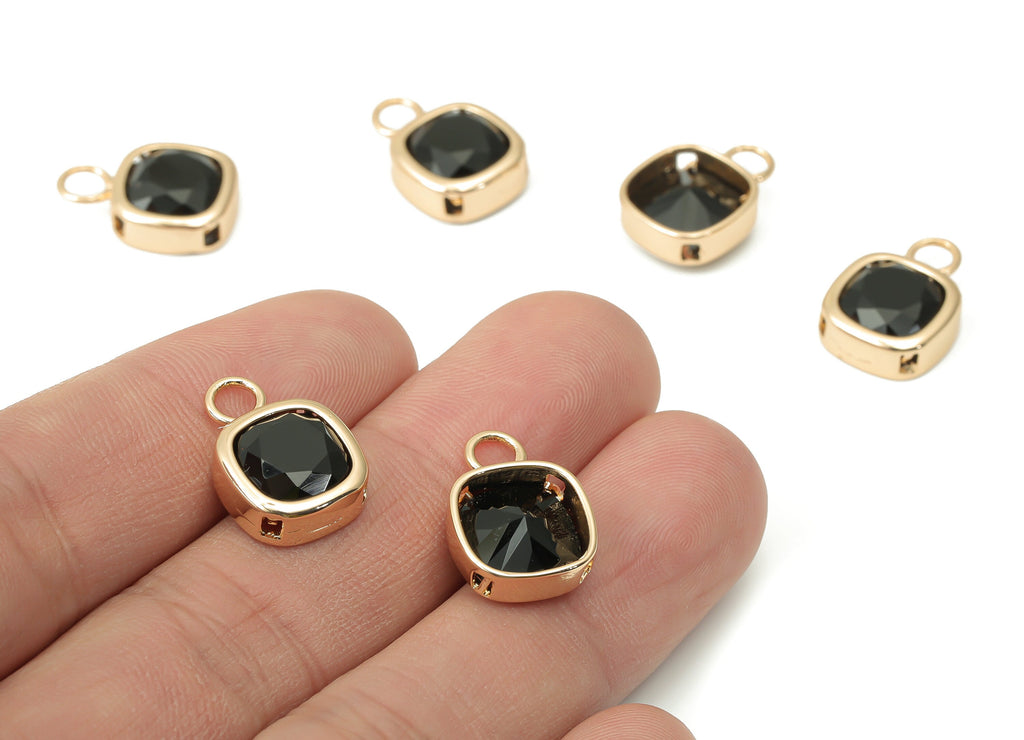 Glass Square Earring Charms with Loop - Black Brass Square Frame Pendant - Gold Tone Plated Brass - Faceted Glass - 17x12.03x5.1mm - GS1123G - DOMEDBAZAAR
