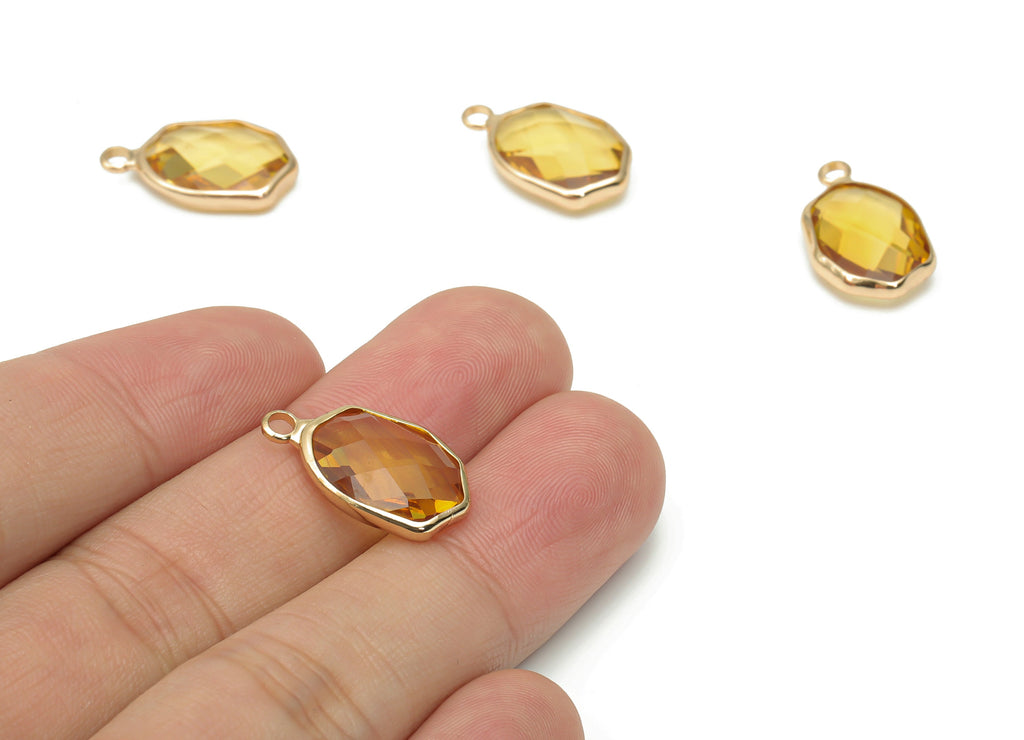 Glass Geometry Loop Earring Charms  - Brass Irregular Frame Pendant - Gold Tone Plated Brass - Faceted Glass - 19.86x11.97x5mm - GS1109B - DOMEDBAZAAR